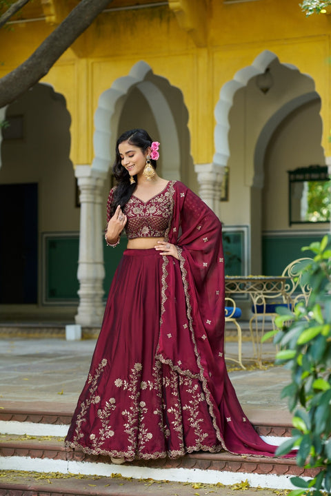 Women's Embroidered Vichitra Silk Lehenga Choli Set with Dupatta