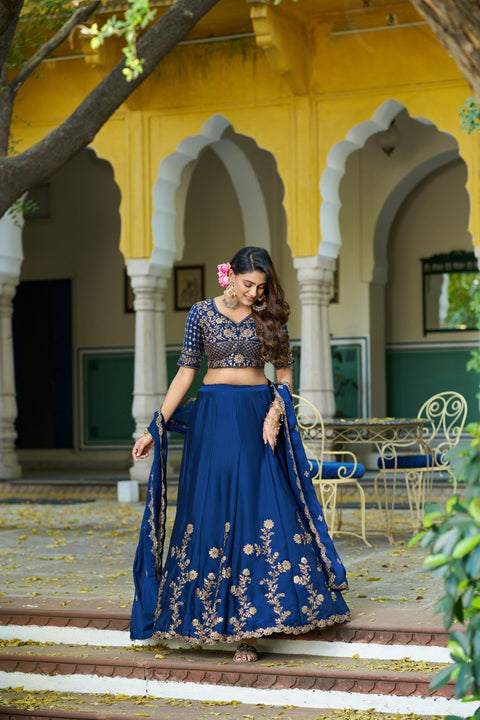 Women's Embroidered Vichitra Silk Lehenga Choli Set with Dupatta