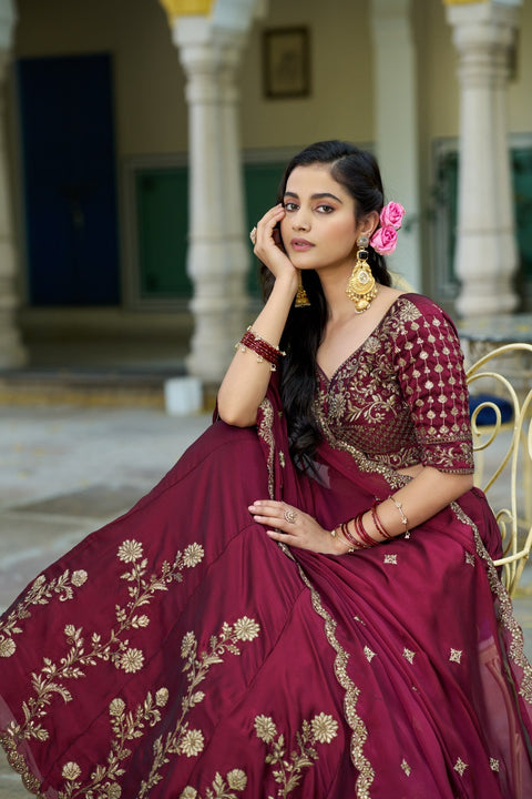 Women's Embroidered Vichitra Silk Lehenga Choli Set with Dupatta