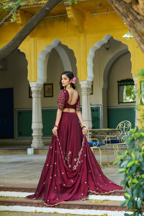 Women's Embroidered Vichitra Silk Lehenga Choli Set with Dupatta