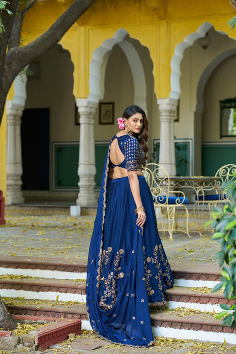 Women's Embroidered Vichitra Silk Lehenga Choli Set with Dupatta