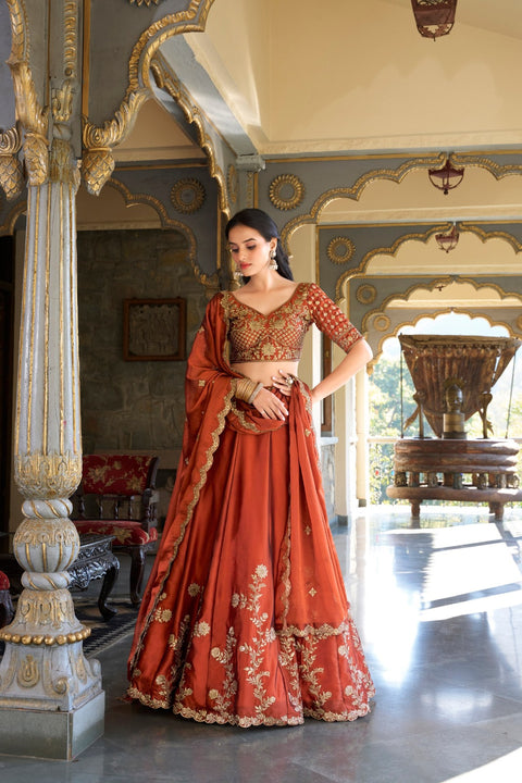 Women's Embroidered Vichitra Silk Lehenga Choli Set with Dupatta
