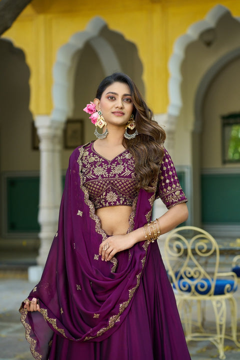 Women's Embroidered Vichitra Silk Lehenga Choli Set with Dupatta