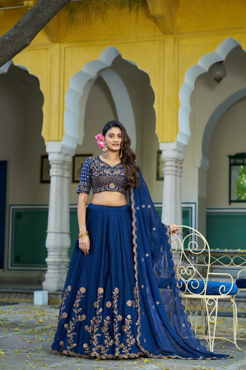 Women's Embroidered Vichitra Silk Lehenga Choli Set with Dupatta