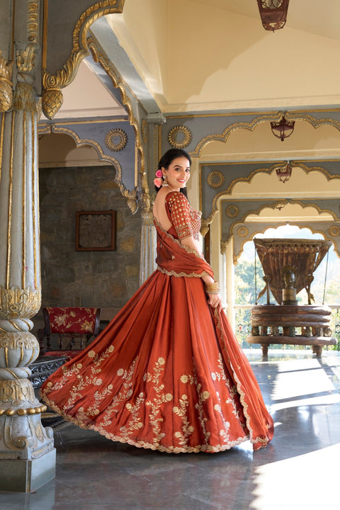 Women's Embroidered Vichitra Silk Lehenga Choli Set with Dupatta