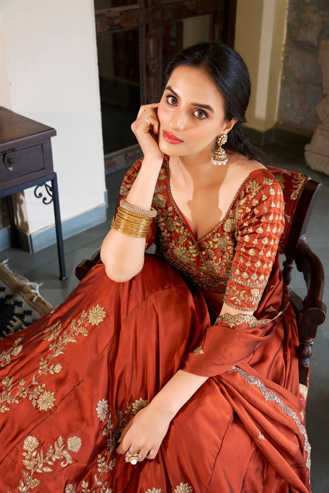Women's Embroidered Vichitra Silk Lehenga Choli Set with Dupatta