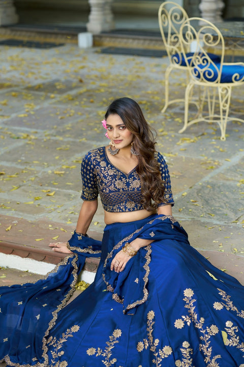 Women's Embroidered Vichitra Silk Lehenga Choli Set with Dupatta