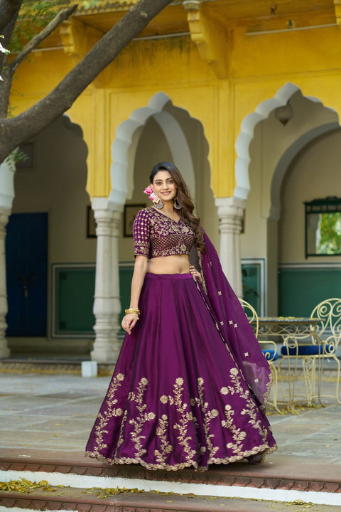 Women's Embroidered Vichitra Silk Lehenga Choli Set with Dupatta
