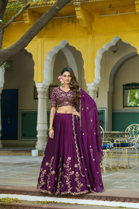 Women's Embroidered Vichitra Silk Lehenga Choli Set with Dupatta