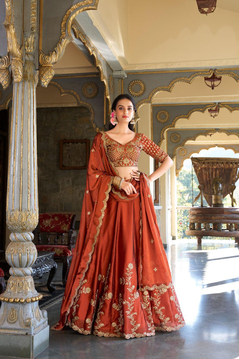 Women's Embroidered Vichitra Silk Lehenga Choli Set with Dupatta