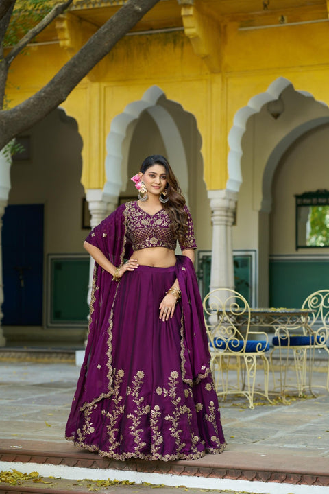 Women's Embroidered Vichitra Silk Lehenga Choli Set with Dupatta