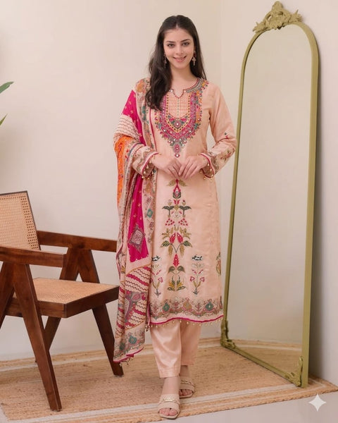 Premium Muslin Embroidered Suit Set with Dupatta