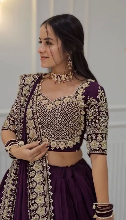 Embroidered Chinon Lehenga Choli Set with Dupatta