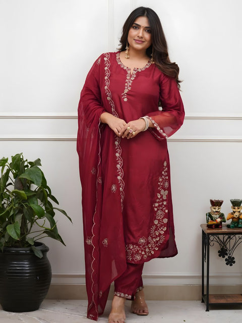 Women's Embroidered Roman Silk Suit Set with Organza Dupatta