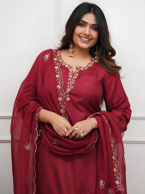 Women's Embroidered Roman Silk Suit Set with Organza Dupatta