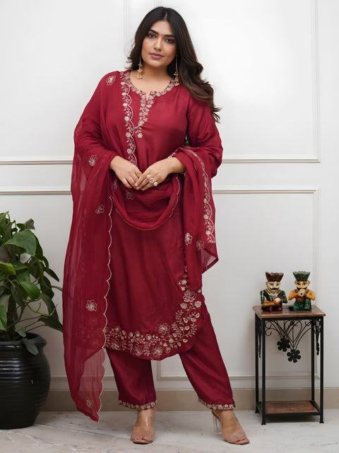 Women's Embroidered Roman Silk Suit Set with Organza Dupatta