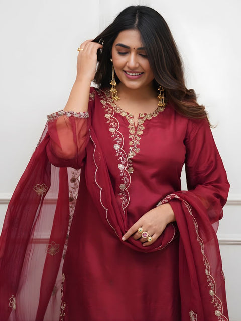 Women's Embroidered Roman Silk Suit Set with Organza Dupatta