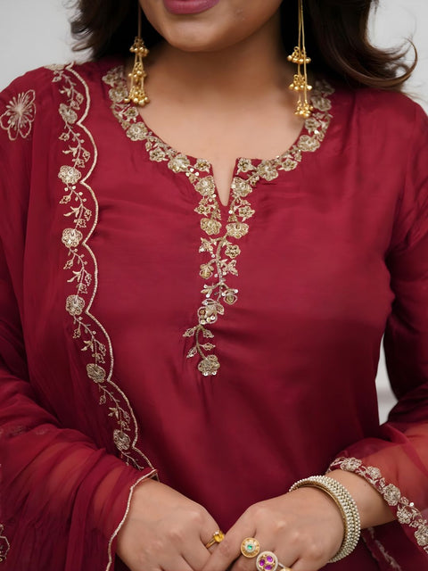 Women's Embroidered Roman Silk Suit Set with Organza Dupatta
