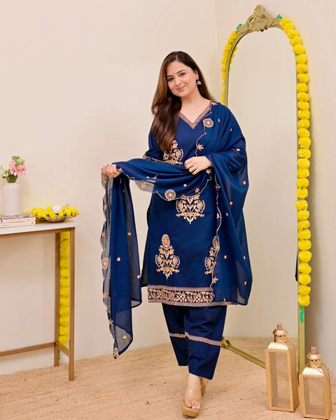 Women's Embroidered Roman Silk Kurta Set with Dupatta