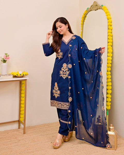 Women's Embroidered Roman Silk Kurta Set with Dupatta