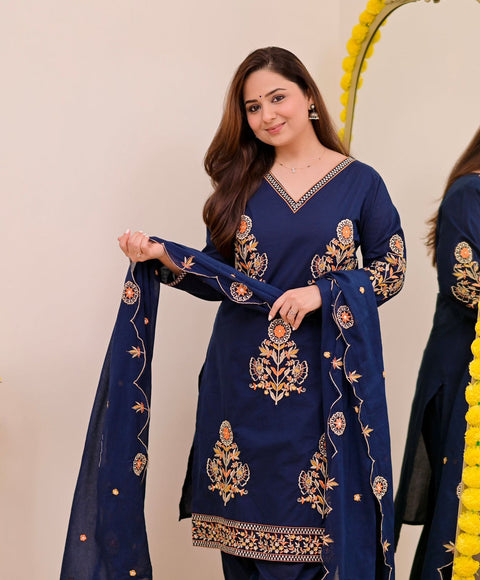 Women's Embroidered Roman Silk Kurta Set with Dupatta