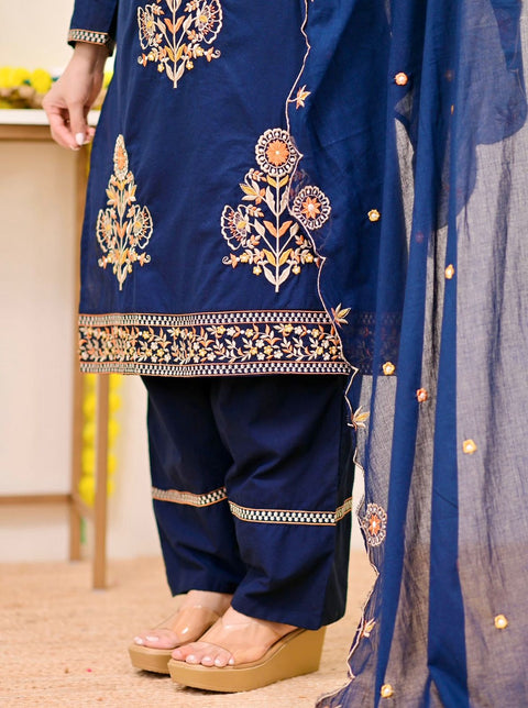 Women's Embroidered Roman Silk Kurta Set with Dupatta