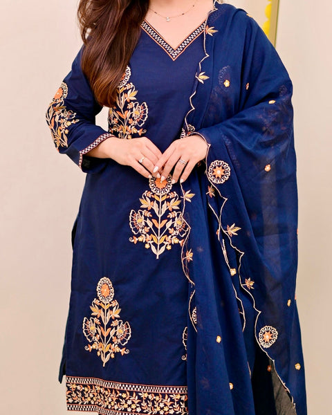 Women's Embroidered Roman Silk Kurta Set with Dupatta
