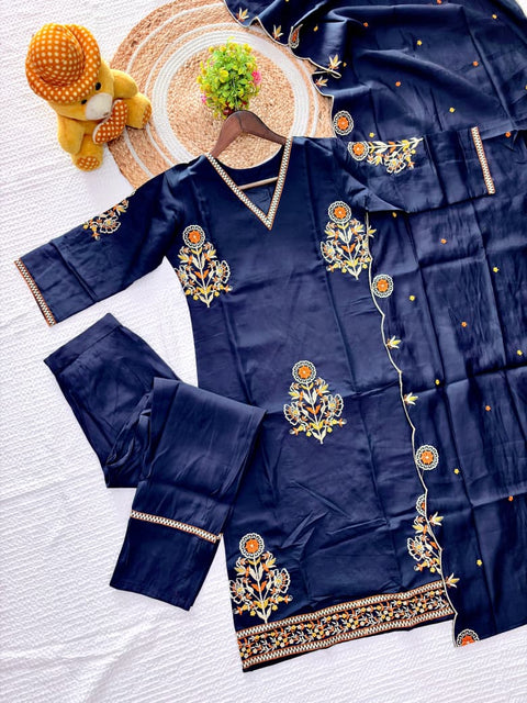 Women's Embroidered Roman Silk Kurta Set with Dupatta