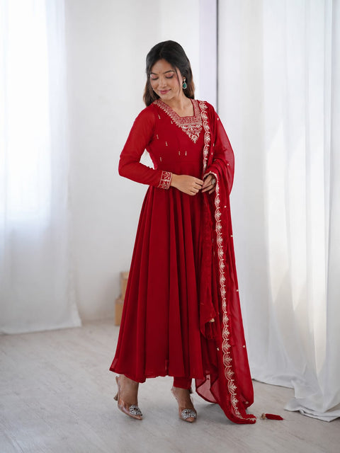 Embroidered Georgette Kurta Set with Dupatta for Women