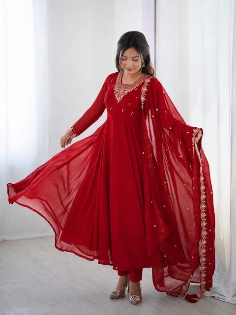 Embroidered Georgette Kurta Set with Dupatta for Women