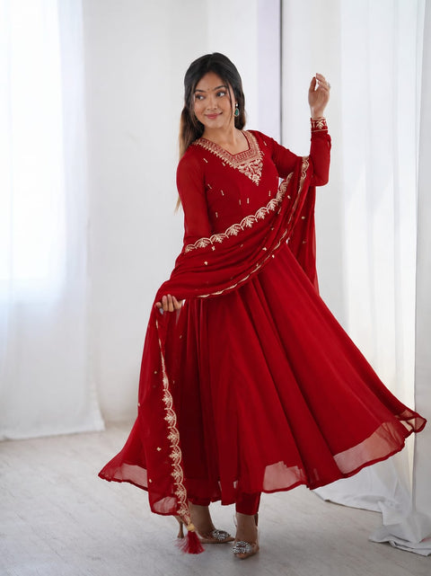 Embroidered Georgette Kurta Set with Dupatta for Women