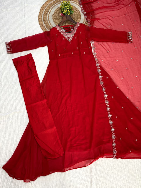 Embroidered Georgette Kurta Set with Dupatta for Women