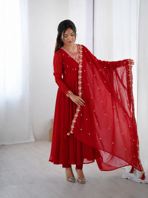 Embroidered Georgette Kurta Set with Dupatta for Women