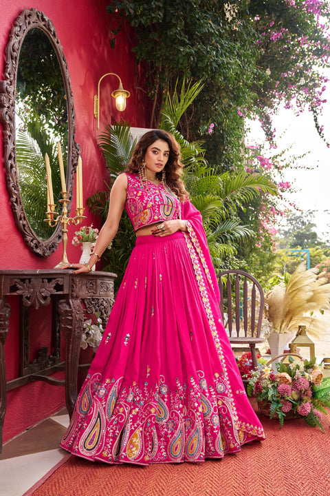 Embroidered Vichitra Lehenga Choli Set with Dupatta for Women