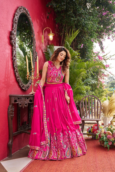 Embroidered Vichitra Lehenga Choli Set with Dupatta for Women