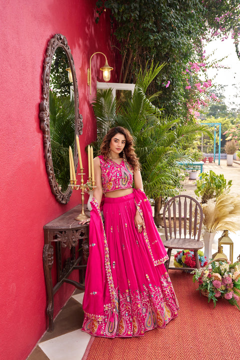 Embroidered Vichitra Lehenga Choli Set with Dupatta for Women