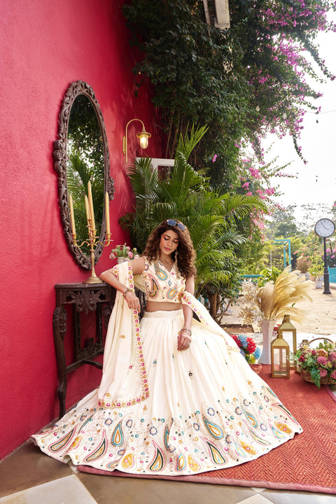 Embroidered Vichitra Lehenga Choli Set with Dupatta for Women
