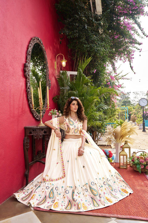 Embroidered Vichitra Lehenga Choli Set with Dupatta for Women