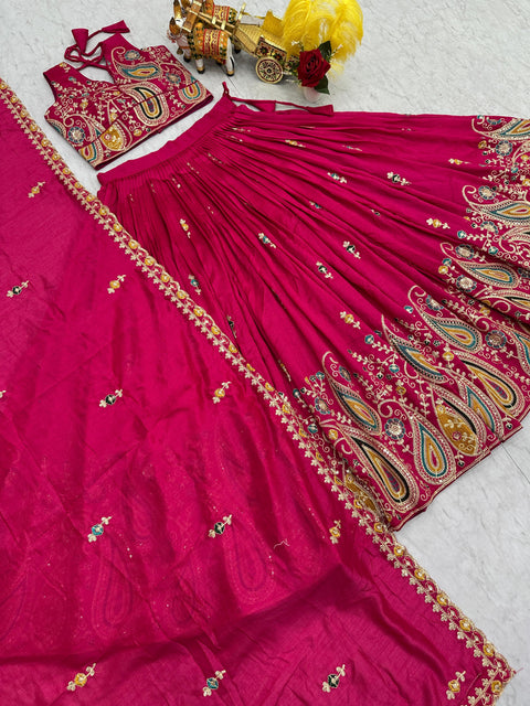 Embroidered Vichitra Lehenga Choli Set with Dupatta for Women