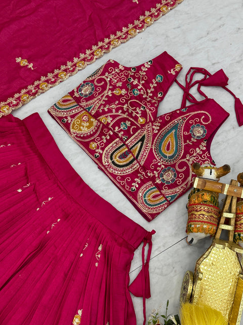 Embroidered Vichitra Lehenga Choli Set with Dupatta for Women