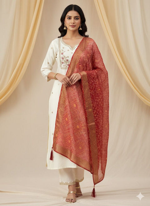 Roman Silk Embroidered Kurti Pant Set with Chanderi Dupatta