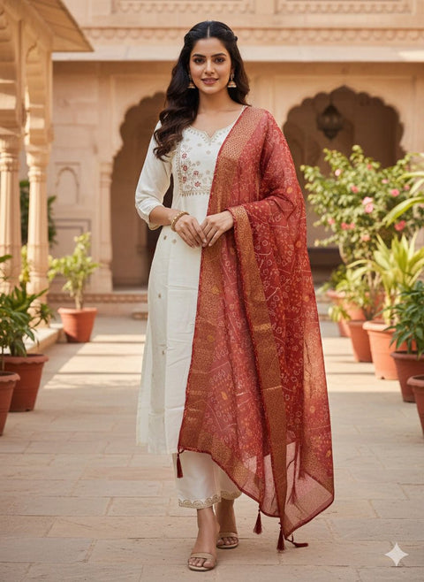 Roman Silk Embroidered Kurti Pant Set with Chanderi Dupatta
