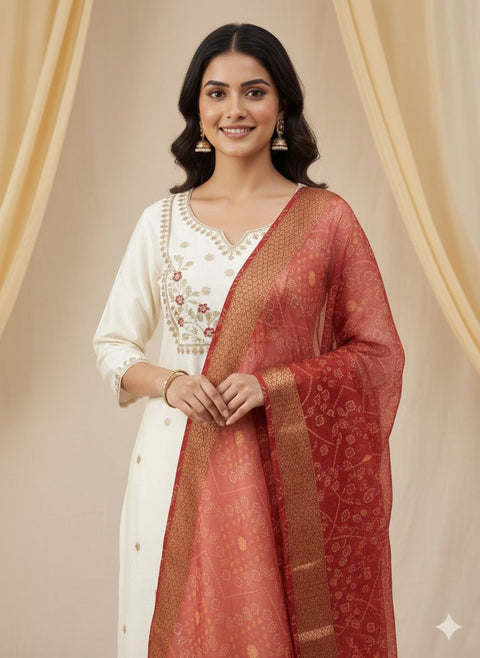 Roman Silk Embroidered Kurti Pant Set with Chanderi Dupatta