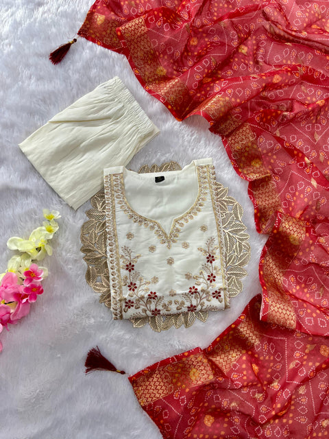 Roman Silk Embroidered Kurti Pant Set with Chanderi Dupatta