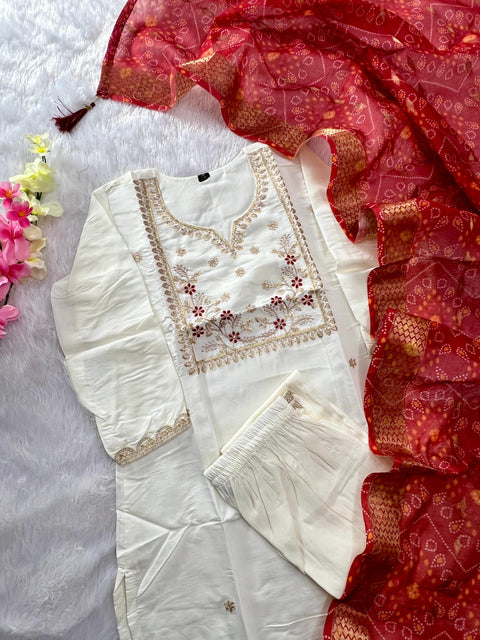 Roman Silk Embroidered Kurti Pant Set with Chanderi Dupatta