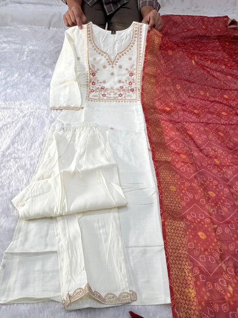 Roman Silk Embroidered Kurti Pant Set with Chanderi Dupatta