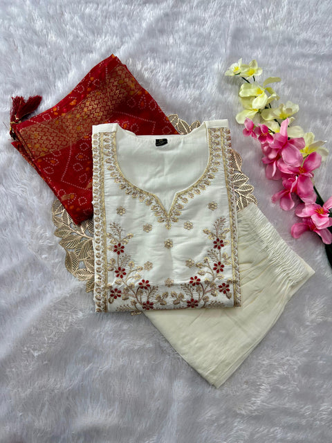 Roman Silk Embroidered Kurti Pant Set with Chanderi Dupatta