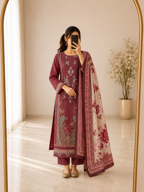 Cotton Printed Kurta Set with Embroidery Work & Dupatta