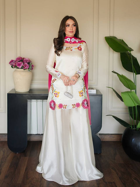 Designer Embroidered Roman Silk Sharara Set with Dupatta