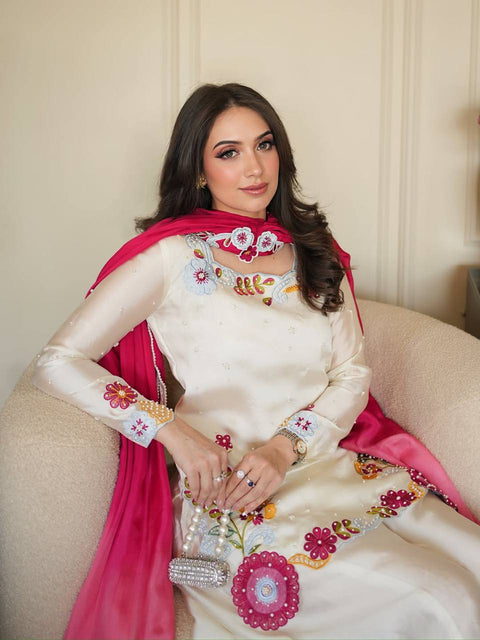 Designer Embroidered Roman Silk Sharara Set with Dupatta